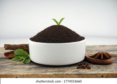 Assam Indian Black Tea (chai)  Patti Powder Served In White Bowl Mari Masala Tea.