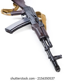 Assault Rifle AK-74 Production Of The Former Soviet Union With 30-round Magazine, View From Barrel Side On A White Background
