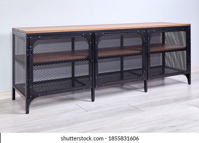 Assembled Modern Shelf For Shoe With Black Steel Doors And Metal Frame Delivered As A Flat Pack