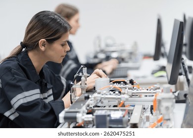 Assembling computer hardware. Engineer assembling circuit board in technology lab. Team engineer training Programmable logic controller with AI robot training kit and mechatronics engineering