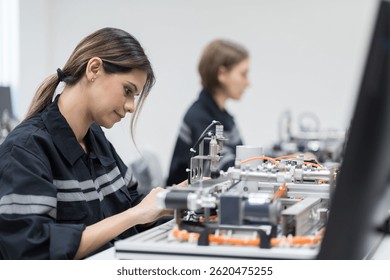 Assembling computer hardware. Engineer assembling circuit board in technology lab. Team engineer training Programmable logic controller with AI robot training kit and mechatronics engineering