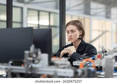 Assembling computer hardware. Engineer assembling circuit board in technology lab. Engineer training Programmable logic controller with AI robot training kit and mechatronics engineering in workshop