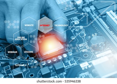 Assembling high performance personal computer. Online Education Concept