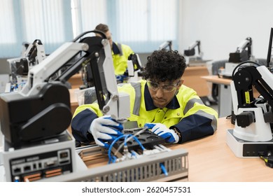 Assembling Robotic Arm. Engineer training and test programmable logic controller with AI robot training kit and mechatronics engineering in workshop