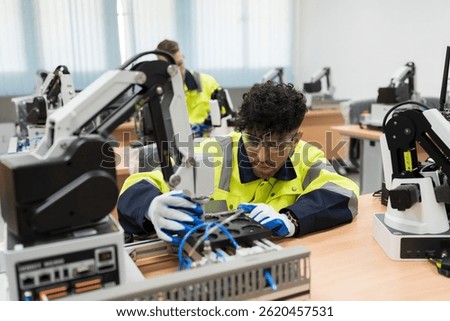 Assembling Robotic Arm. Engineer training and test programmable logic controller with AI robot training kit and mechatronics engineering in workshop