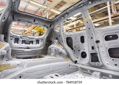 Assembly Model Frame Body Car   Inside View On The Process Line In The  Vehicle Factory 