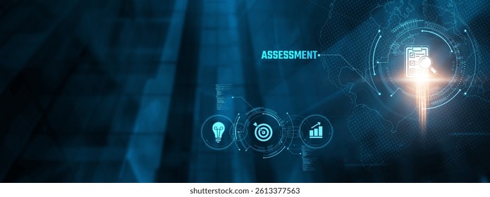 Assessment Concept: Evaluation, analysis, feedback, metrics, performance, standards, objectives on virtual interface.