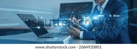 Assessment, evaluation Businessman using tab with analysis data of growth to enhance global connection, performance measurement, quality analysis, strategic planning