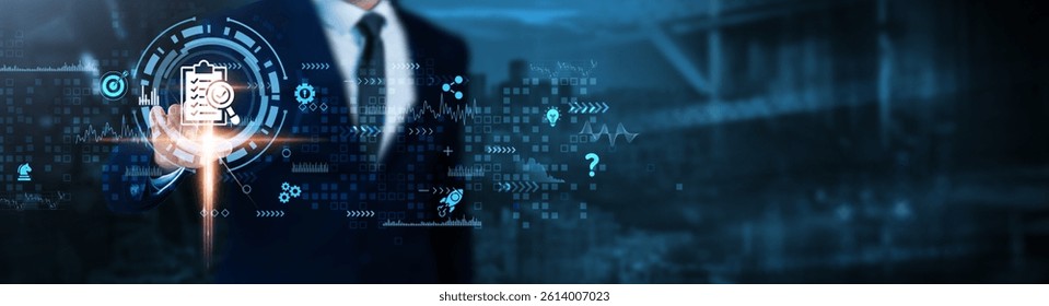 Assessment: Evaluation, performance review, data analysis, risk management, decision-making, strategic planning, process optimization, Businessman analyzes critical technological data.