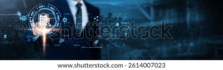 Assessment: Evaluation, performance review, data analysis, risk management, decision-making, strategic planning, process optimization, Businessman analyzes critical technological data.