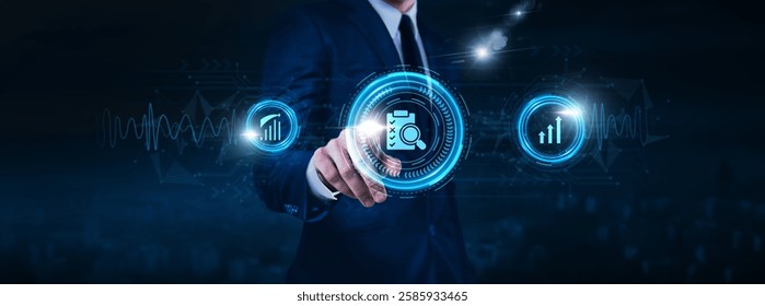 Assessment technology, evaluation methods, testing software, businessman touch icon Data exchange on digital network connection, performance metrics, feedback systems, automated scoring.