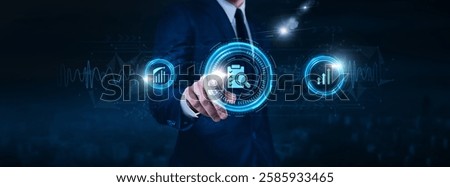 Assessment technology, evaluation methods, testing software, businessman touch icon Data exchange on digital network connection, performance metrics, feedback systems, automated scoring.