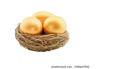 Asset Allocation For Growth, Sustainable Portfolio, Long-term Wealth Management With Risk Diversification, Financial Concept : Three Golden Eggs In A Bird Nest Or A Basket Isolated On White Background