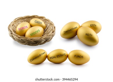 Asset Allocation Theme, Golden Eggs With Various Type Of Financial And Investment Products I.e Bond, Cash, Etc. Sustainable Portfolio And Long Term Wealth Management With Risk Diversification Concept.