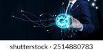 Asset Management: Businessman Touching Digital Global Network of Asset Data Exchange. Asset Tracking, Financial Analytics on Social Network Connection with Hologram Modern Interface.