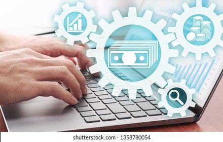 Asset Management Concept. Businessman Using Laptop For Analyzing Financial Data.
Gears And Money Icons.
