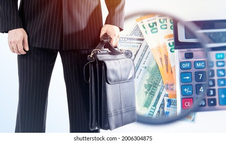 Assets concept. A businessman with a briefcase on the background of bills. Portfolio of assets. Business , entrepreneurship, investment. Financial analysis. The company's budget and personal budget.