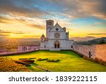 Assisi, San Francesco or Saint Francis Basilica upper church at sunset. Perugia, Umbria, Italy, Europe.