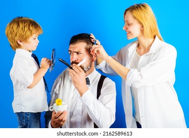 Assistant For Dad. Fathers Day. Man Shaving Beard. Little Barber. Family Time. Barbershop Concept.