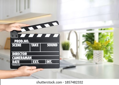 Assistant Holding Clapperboard On Filming Location, Closeup. Cinema Production 