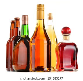 Assorted alcoholic beverages isolated on white background