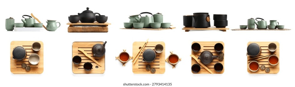 assorted asian tea set compositions with ceramic teapots, cups, canisters and bamboo trays isolated on white background, side and top view collection for tea ceremony, teaware catalog, minimal product display and wellness beverage concept