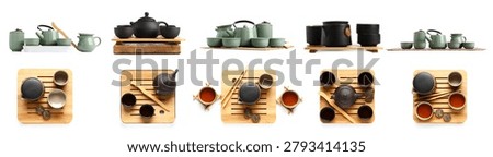 assorted asian tea set compositions with ceramic teapots, cups, canisters and bamboo trays isolated on white background, side and top view collection for tea ceremony, teaware catalog, minimal product display and wellness beverage concept
