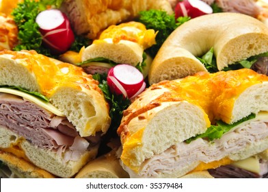 Assorted Bagel Sandwich Platter With Meat And Vegetables