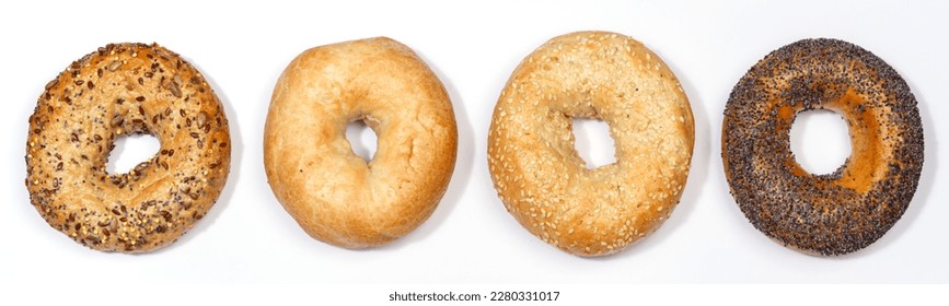 Assorted bagels sandwich for breakfast bagel from above collection isolated on a white background