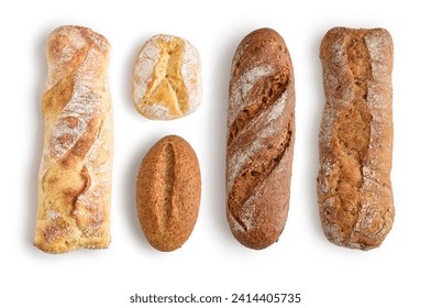 Assorted bakery products including loafs of bread,  baguette and rolls  isolated on white, top view - Powered by Shutterstock