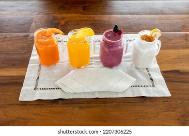 Assorted Beverages In Mason Jars For Breakfast