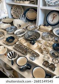 Assorted blue and white ceramic dishware displayed on white shelves in a store setting. Mobile photo