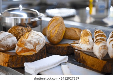 assorted bread breakfast buffet in the Maldives, a picturesque view of the sea
