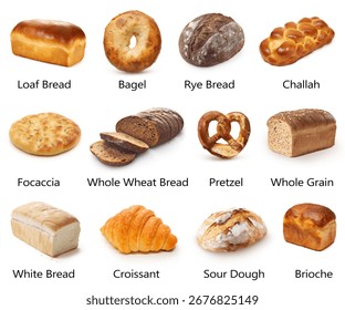 Assorted bread collection isolated on white background. Breads set. loaf bread, bagel, rye, focaccia, bread slices, pretzel, whole grain, white bread, croissant. different breads set and collection. 