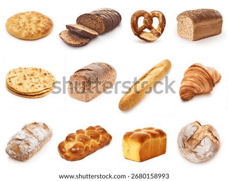 Assorted bread set collection isolated on white background. Breads set. loaf bread, bagel, paratha, baguette, sour dough, pretzel, whole grain, white bread, croissant. various bread set and collection