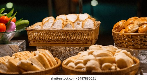 Assorted bread in wicker baskets, including baguettes, rolls, and buns, displayed on a wooden counter with fresh vegetables , taste of your dinner with dishes made from quality flour - Powered by Shutterstock