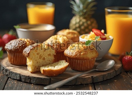 Assorted breakfast items including muffins, fruit salad, coffee, and orange juice on a dark background