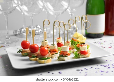 Assorted Canapes On Table Closeup