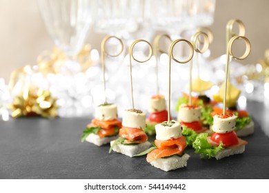 Assorted Canapes On Table Closeup
