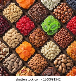 Assorted Candied Berries, Dried Fruits, Nuts And Seeds, Top View. Healthy Food Background