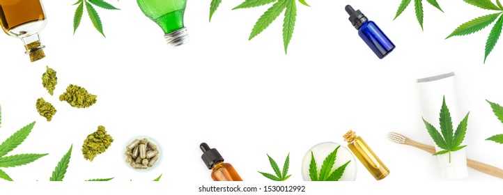 Assorted CBD THC Cannabis Products Banner Isolated On White With Copy Space