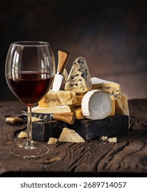 Assorted cheese plate on rustic wooden board with glass of red wine. Variety of hard and soft cheeses for wine tasting. Restaurant menu concept.