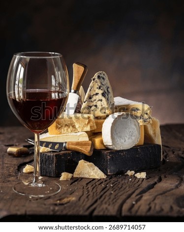 Assorted cheese plate on rustic wooden board with glass of red wine. Variety of hard and soft cheeses for wine tasting. Restaurant menu concept.