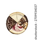 Assorted cheesecake sampler platter with multiple flavored slices, isolated on white. Variety dessert round cake assortment.
