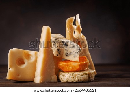 Assorted cheeses in different shapes and textures displayed together on a rustic surface