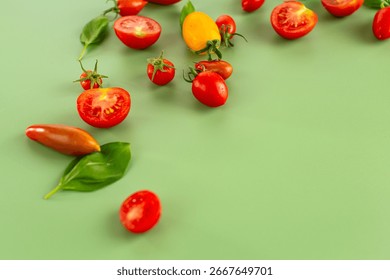 Assorted cherry tomatoes halves seeds and juicy pulp closeup.