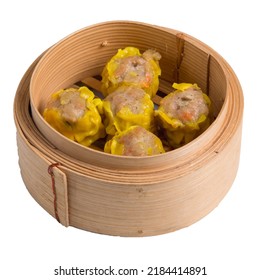 Assorted Chinese Dimsum In Bamboo Basket. Dimsum Is That Cantonese People Traditionally Enjoy In Restaurants For Breakfast And Lunch. Isolated On White Background