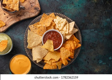 Assorted Chips With Salsa And Sauces Close-up, Top View, Entertainment And Recreation, Football And Watching Movies