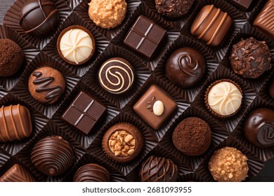 Assorted chocolates in a box, featuring truffles, squares, and decorated pieces in rich shades.