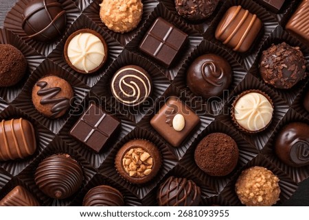 Assorted chocolates in a box, featuring truffles, squares, and decorated pieces in rich shades.